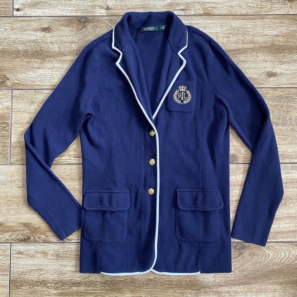 Ralph Lauren LRL Cardigan Sweater Knit Blazer L Large Black Crest Monogram Crown - Picture 2 of 11